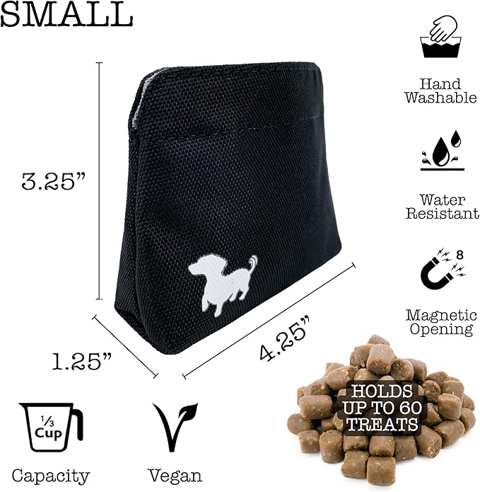 Small Dog Treat Pouch – Slim Magnetic Pocket Dog Treat Bag for Walking & Training – Discreet Clip On Treat Pouch for Leash, Waistband or Pocket – Mess Free Storage (Black/Gray)