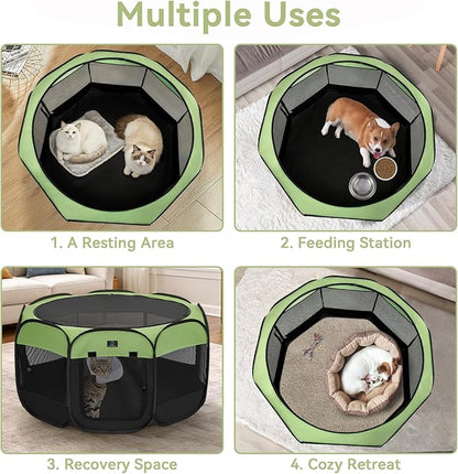Dog Playpen for Small Dogs & Puppies, 40.55" Portable Indoor Outdoor Puppy Playpen with Bowl, Waterproof Floor, Foldable Pop-Up Pet Pen for Home, Travel & Daily Use, Green+Black