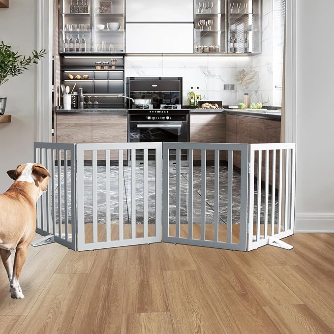ZJSF Freestanding Indoor Dog Gate for House Foldable Wood Puppy Gate for Doorways Pet Gate for Stairs Extra Wide Pet Fence, Grey, 24" Height 4 Panels