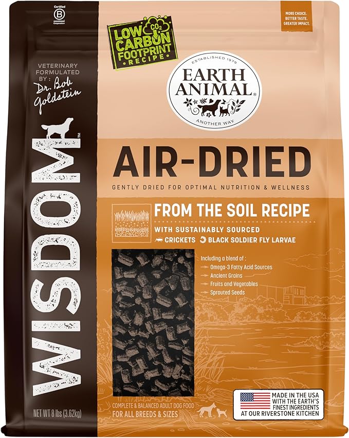 Earth Animal Wisdom Air Dried Dog Food - From the Soil Recipe Premium Natural Dry Dog Food for All Adult Breeds - 8 Lbs Bag