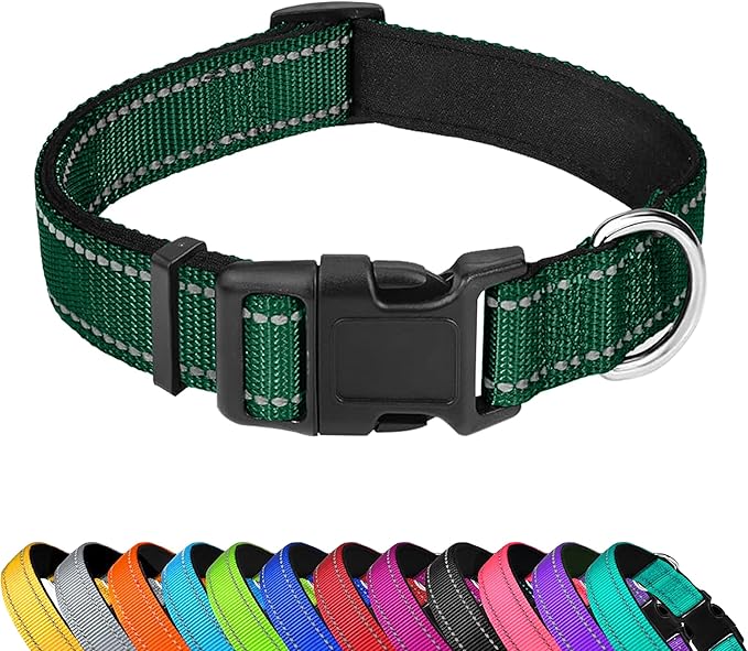 Reflective Dog Collar, Adjustable Soft Neoprene Padded Nylon Pet Collars with Buckle for Extra Large Dogs, Dark Green,XL