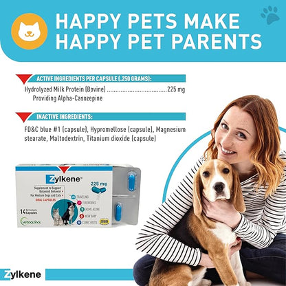 Vetoquinol Zylkene - Calming Oral Support for Medium Dogs & Large Cats - Supports Behavior & Occasional Anxiety - for Boarding, Vet Visits & Celebrations - Non-Drowsy & Lactose-Free - 14 Capsules