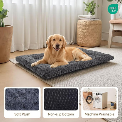 Washable Dog Bed Mat Soft Dog Crate Pad Fluffy Pet Kennel Beds Sleeping Mattress with Non-Slip Bottom for Extra Large Jumbo Medium Small Dogs, 53 x 36 Inch, Grey