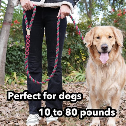 Handmade 5ft Braided Cotton Dog Leash with Unique Floral Handle, Durable and Stylish, Ideal for Small to Large Dogs, Blue & Yellow Twist (Yuletide Petals)