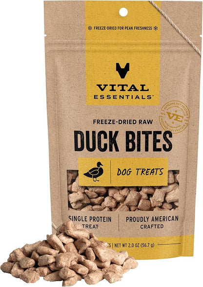 Vital Essentials Freeze Dried Dog Treats | Duck Bites, Single Protein | Premium Quality | Grain Free Training Treats for Dogs, 2 oz Bag