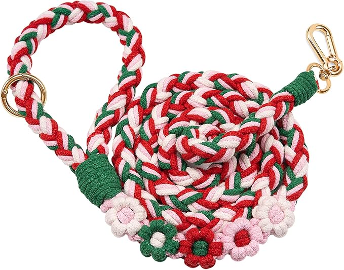 Handmade 5ft Braided Cotton Dog Leash with Unique Floral Handle, Durable and Stylish, Ideal for Small to Large Dogs,Strawberry