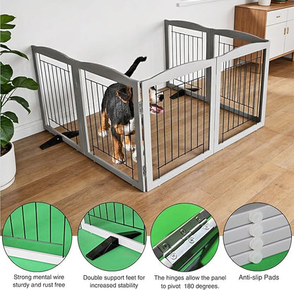 ZJSF Freestanding Dog Fence Indoor, Foldable Dog Gate for Doorways, Stairs or Hallways, Sturdy Wood Extra Wide Pet Gate with Support Feet for The House, Grey, 32 "Height-6 Panels
