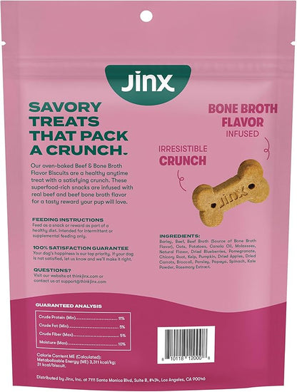 Jinx Oven-Baked Beef Bone Broth Biscuit Treats, Crunchy, All Natural, Superfood-Rich with Real Beef, Pumpkin & Blueberries, 16oz, 4 Pack