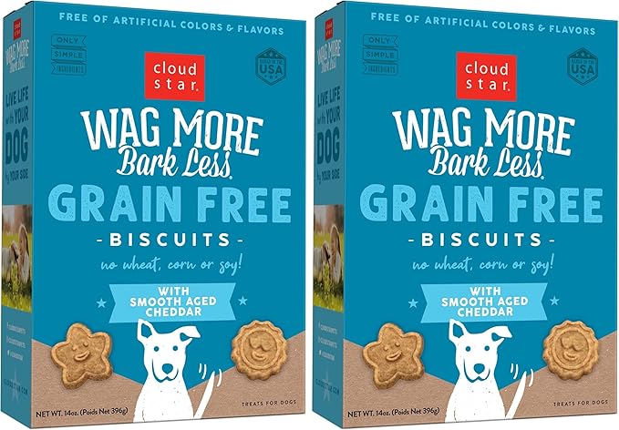 Cloud Star Wag More Bark Less Crunchy Grain Free Dog Treats, Cheddar Cheese, 14 oz. Box (Pack of 2)
