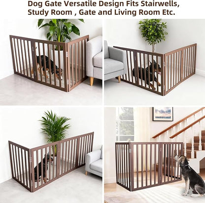 ZJSF Freestanding Indoor Dog Gate for House Foldable Wood Brown Puppy Gate for Doorways Pet Gate for Stairs Extra Wide Pet Fence 24" Height 3 Panels
