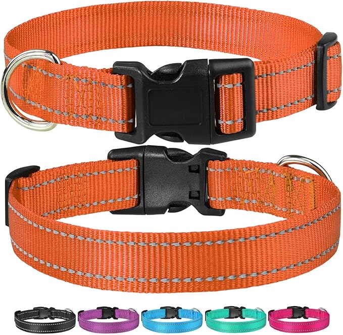 Reflective Dog Collar with Buckle Adjustable Safety Nylon Collars for Small Medium Large Dogs, Orange S
