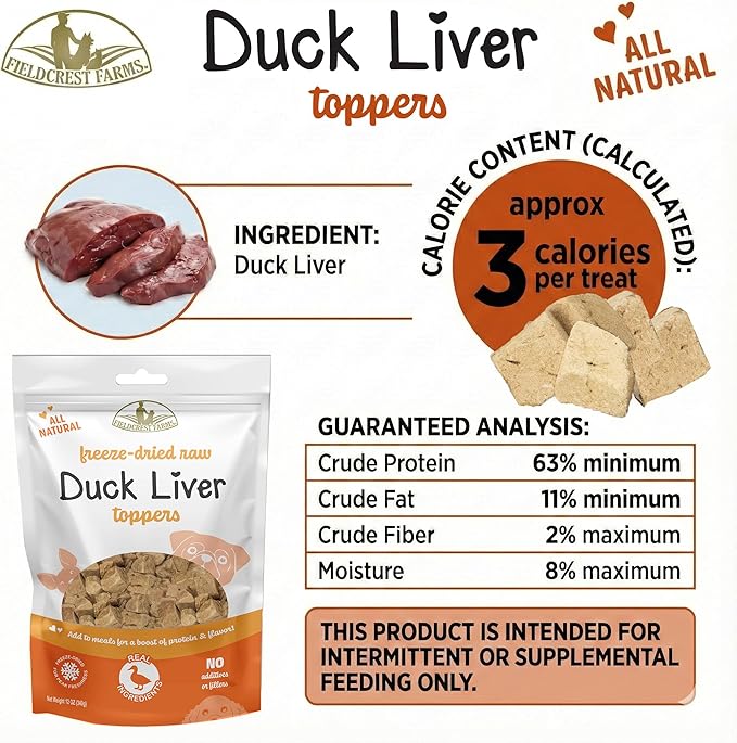 Fieldcrest Farms Freeze-Dried Duck Liver Dog Food Topper or Treat, 100% Single Ingredient Duck Liver, High-Protein, Raw & Grain-Free, 12 oz