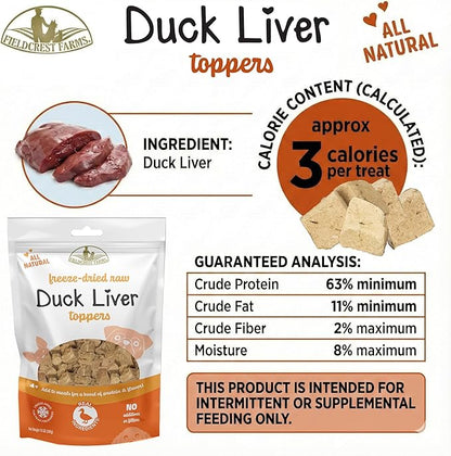Fieldcrest Farms Freeze-Dried Duck Liver Dog Food Topper or Treat, 100% Single Ingredient Duck Liver, High-Protein, Raw & Grain-Free, 12 oz