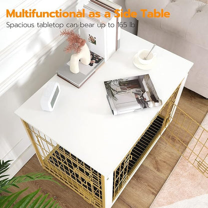 HOOBRO Dog Crate Furniture, 32.5" Medium Dog Kennel Indoor, Wooden Cage with Pull-Out Tray, Double Doors Pet House Side End Table for Medium/Small Dogs, White DW802GW03