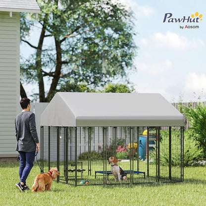 PawHut Outdoor Dog Kennel with Roof, 8' x 8' x 6' Heavy Duty Welded Wire Dog Playpen Enclosure with Escape-Proof Lock, UV-Resistant & Waterproof Cover, for Large Dogs, Chickens, Ducks, Silver