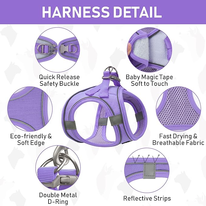 GAMUDA Small Pet Harness Collar and Leash Set, Step in No Chock No Pull Linen Fabric Soft Mesh Dog Vest Harnesses Reflective for Dogs Puppy Cats Kitten Rabbit (Purple, XS)