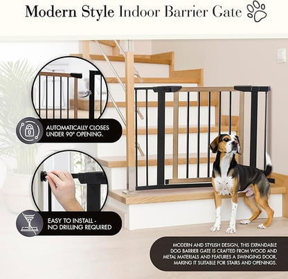 NMN Designs Logan Dog Gate - Indoor Pet Barrier and Wooden Dog Gate with Walk Through Swinging Door - Pressure Mounted for Walls and Stairs - Puppy Gates for the House - Expandable 29.5" to 51.5"