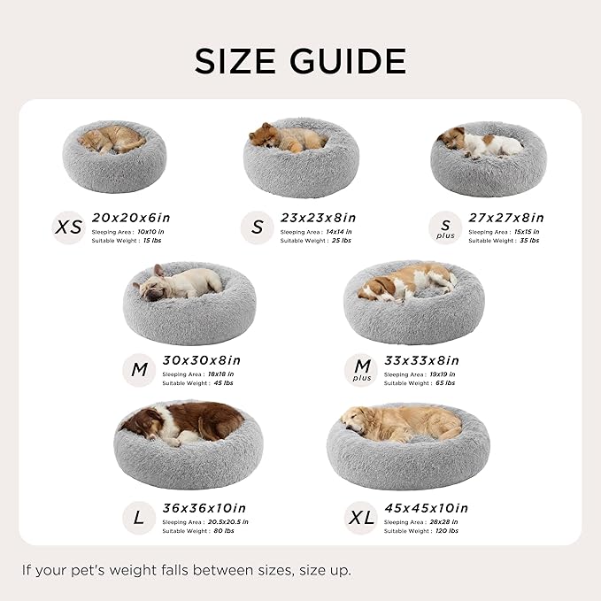 Bedsure Calming Dog Bed for Large Dogs - Donut Washable Large Pet Bed, 36 inches Anti-Slip Round Fluffy Plush Faux Fur Dog Bed, Fits up to 80 lbs Pets, Pale Grey