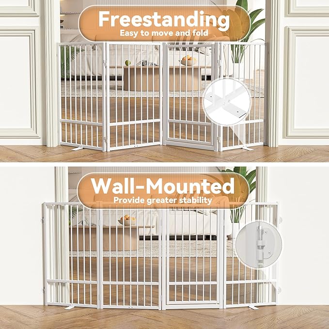 SNUOWU Full Metal Freestanding Dog Gate with Door, 36''Height Foldable Pet Dog Fence for Indoor & Outdoor, 4 Panels Extra Wide Free Standing TallDog Gates for Doorways,House,Stairs,Porch,Deck,Yard