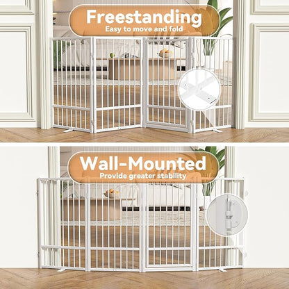 SNUOWU Full Metal Freestanding Dog Gate with Door, 36''Height Foldable Pet Dog Fence for Indoor & Outdoor, 4 Panels Extra Wide Free Standing TallDog Gates for Doorways,House,Stairs,Porch,Deck,Yard