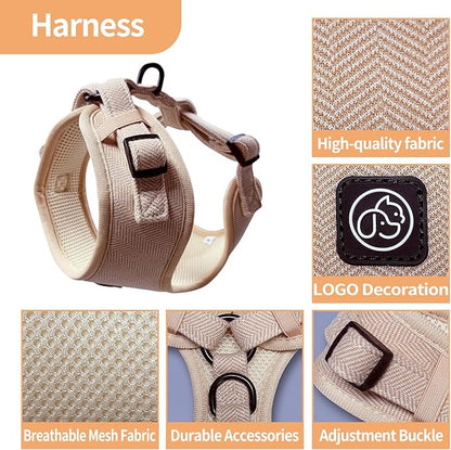 EVERKING 5-Piece Dog Travel Set, Adjustable Harness, Leash, Collar, Poop Bags, Bowtie for Small Medium Dogs, Beige, Breathable No-Pull Design (Beige, S)