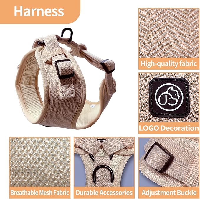 EVERKING 5-Piece Dog Travel Set, Adjustable Harness, Leash, Collar, Poop Bags, Bowtie for Small Medium Dogs, Beige, Breathable No-Pull Design (Beige, L)