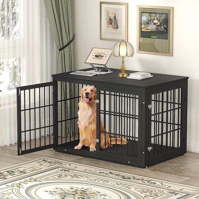 rehomerance 48 Inch Heavy Duty Dog Crate Furniture for Large Dogs, Decorative Pet House End Table, Extra Large Wooden Cage Kennel Furniture Indoor, Black