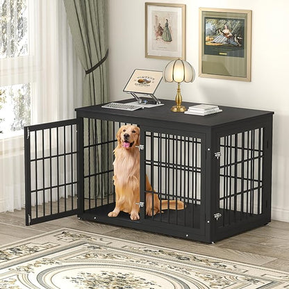 rehomerance 48 Inch Heavy Duty Dog Crate Furniture for Large Dogs, Decorative Pet House End Table, Extra Large Wooden Cage Kennel Furniture Indoor, Black