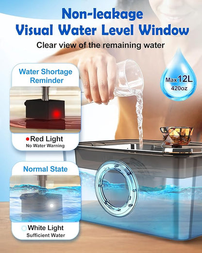 Large Dog Water Fountain SS304,12L Ultra-Purification Pet Drinking Dispenser with Visual Window,Widely Drinking Area,Deep Purification Filter,Triple Waterfall Structure,Low Water Indicator