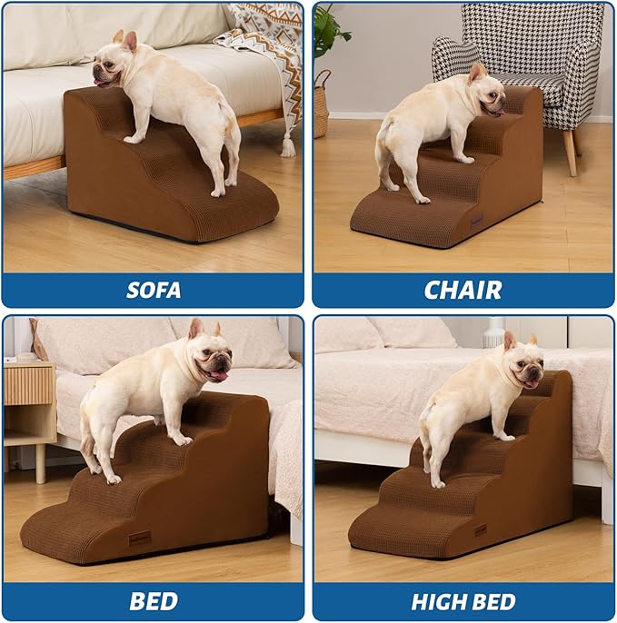 Aodisman 4-Step Dog Stairs and Ramp for Beds or Couches – Non-Slip Sturdy Pet Steps for Small Dogs and Cats,17.4" H,Brown