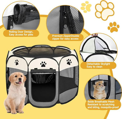 Dog Playpen, Pet Puppy Playpen Indoor for Small Dogs Tent Crates Cage Outdoor, Portable Pop Up Dog Kennel Playpen Cat Tent for Dogs/Cats/Rabbits, Removable Zipper Top, Grey
