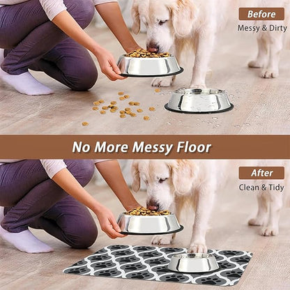 Gray Paw Print Geometric Dog Cat Food Mat,Absorbent Pet Feeding Mat for Food and Water,Non-Slip Dog Bowl Mats Floor Protector 16"x24"