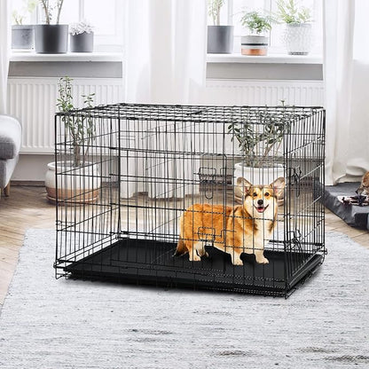 Pet Dog Crate, 36 Inches Metal Wire Large Dog Cage Double Door Folding Dog Kennel with Divider Panel, Leak-Proof Plastic Pan, Indoor Outdoor Pet Crates for Small Medium Breed Dogs Animals