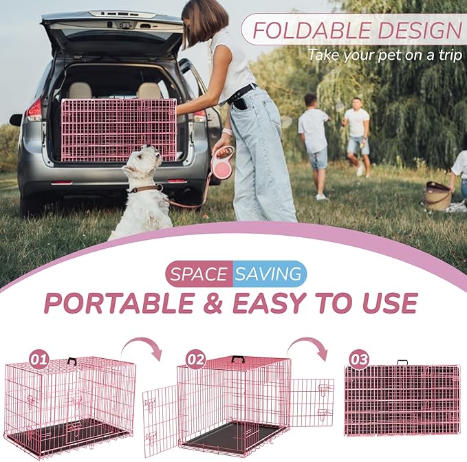 48 Inch Dog Crate Dog Kennels Folding Mental Wire Crates Dog Crates for Large Dogs Cage Outdoor Indoor Pet XL Dog Crate with Double-Door,Divider Panel, Removable Tray,Pink