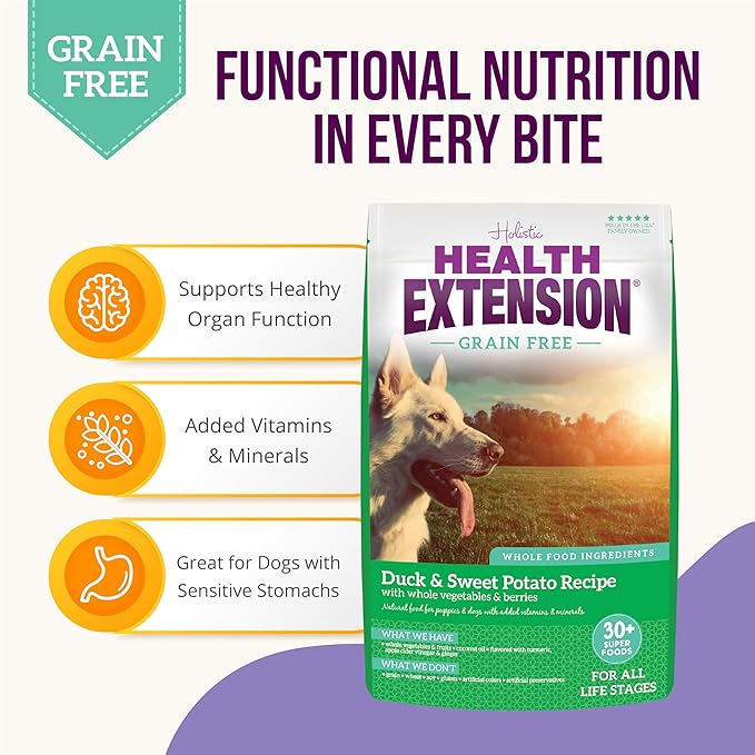 Health Extension Grain Free Duck & Sweet Potato Dry Dog Food - 30+ Superfoods and Probiotics for All Life Stages (4 lb)