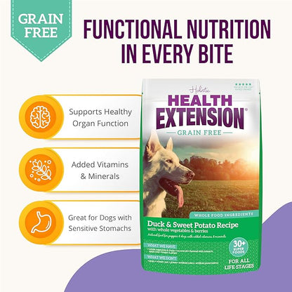 Health Extension Grain Free Duck & Sweet Potato Dry Dog Food - 30+ Superfoods and Probiotics for All Life Stages (23.5 lb)