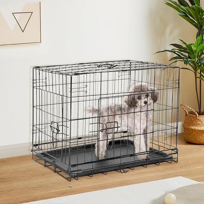 Sweetcrispy Large Dog Crate, 36 Inch Double Door Folding Metal Wire Dog Cage with Plastic Leak-Proof Pan Tray, Pet Kennel for Indoor, Outdoor, Travel