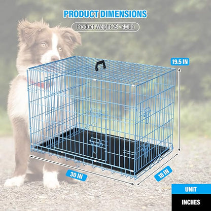 Dog Crates for Small Dogs 30" Folding Mental Wire Crates Dog Kennels Outdoor and Indoor Pet Dog Cage Crate with Double-Door,Divider Panel, Removable Tray,Blue