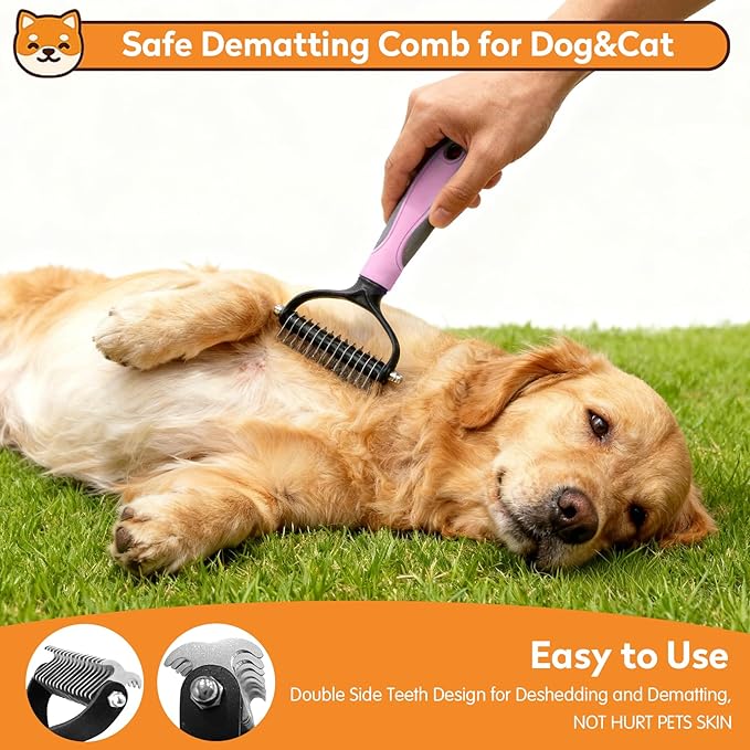 Dog & Cat Brush Kit 2PCS, Self Cleaning Slicker Brush for Pets, Dog Brush for Shedding Massaging and Grooming, Removes Loose Undercoat & Portable Comb for Long Short Haired Dogs(Pink)