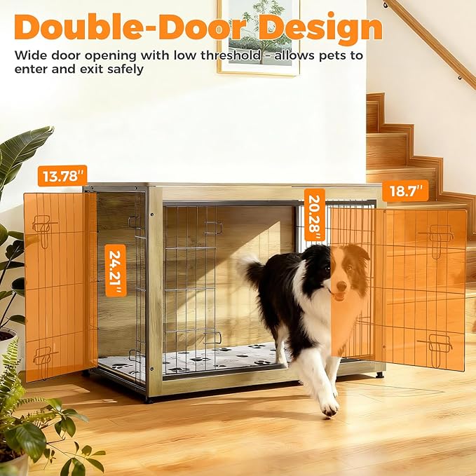 SHAWKEN Wooden & Metal Large Dog Crate Furniture Indoor with Soft Cushion, Double-Door Dog House, 37.4" L Dog Kennel (Oak Grey, Large)