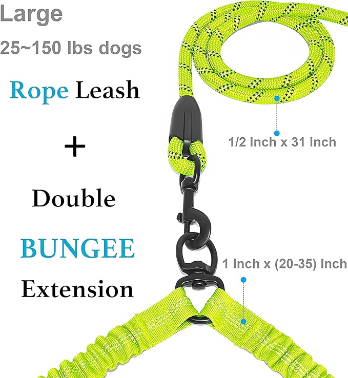 iYoShop Dual Dog Leash - 360° Swivel, No Tangle Walking Leash with Shock Absorbing Bungee for Two Dogs (Large, 25-150 lbs, Green)