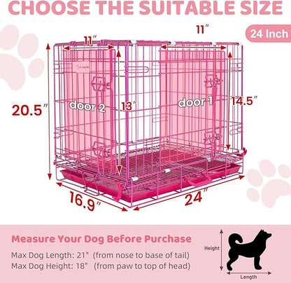 HOMEY PET 24 Inch Small Dog Crate, Cute Pink Puppy Cage Collapsible Dog Kennel Indoor, Nano-Coated Metal Wire Dog Crate with Removable Floor Grid Tray, Double Doors Dual Locks, Portable Handle
