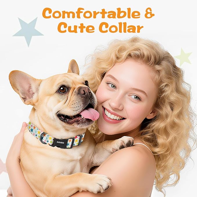 Kazazoo Dog Collar Cute and Soft Nylon Puppy Collar for Boy and Girl, Adjustable Dog Collars for Small Medium Dogs, Colorful Stars-XS