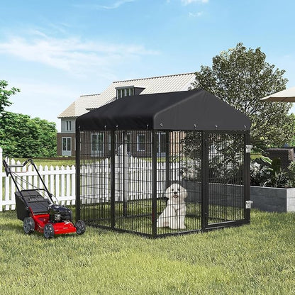 Outdoor Dog Kennel Steel Ideal Dog Fence for Small Dogs Anti-Rust Coating Cage with Roof All Weather Resistant Dog House with Double Locks(4.2'L x 4'W x 4.5'H)