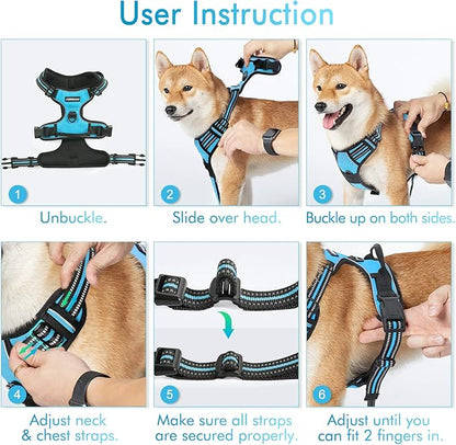 rabbitgoo Dog Harness No Pull with 2 Leash Clips, Adjustable Soft Padded, Reflective Oxford No Choke Pet Vest with Easy Control Handle for Large Dogs, Blue, XL