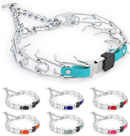 Herm Sprenger Chrome Plated Steel Dog Collar with Quick Release ClicLock Buckle and Biothane Insert Training Collar for Dogs Made in Germany (Sky Blue, 25in x 4.0mm(Neck Size up to21-22in))