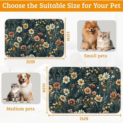 Dog Bowl Mat,Brown Flowers Pet Feeding Mat for Floors Waterproof,White Absorbent Dogs Placemat for Food and Water Quick Dry Pet Cat Feeding Mats with Non Slip Bottom 16" x 24"