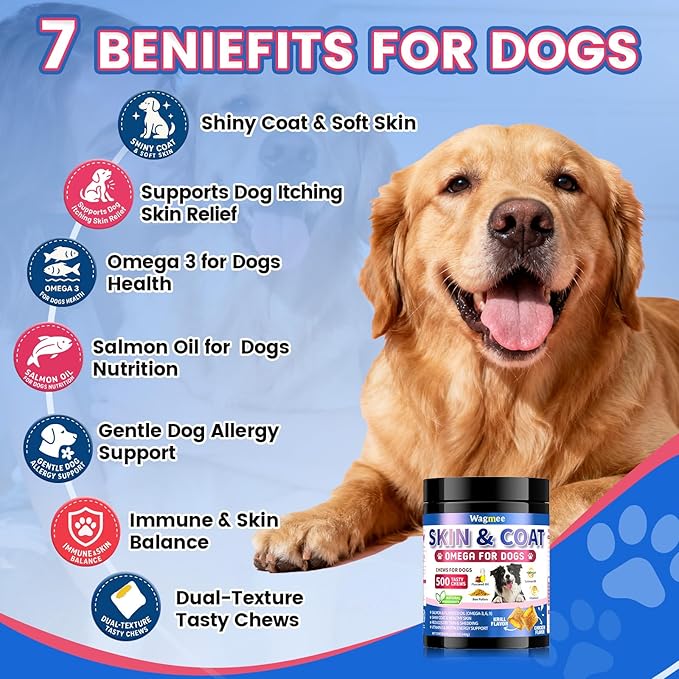 Omega 3 for Dogs, 500 Chews Skin & Coat Supplement for Dog, Salmon Flaxseed Fish Oil for Dogs, Dry & Itchy Skin Relief, Allergy Support Anti Shedding - Vitamin E- EPA & DHA - Chicken Krill Flavor
