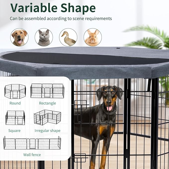 PETIME Dog Playpen,Metal Exercise Puppy Pen Heavy Duty Kennels Yard Fence Indoor/Outdoor 27" W x 32" H 8 Panels Dog Cage with Octagon Top Cover