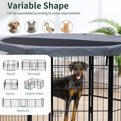 PETIME Dog Playpen,Metal Exercise Puppy Pen Heavy Duty Kennels Yard Fence Indoor/Outdoor 27" W x 32" H 8 Panels Dog Cage with Octagon Top Cover